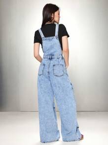 SHEIN EZwear Women's Denim Bib Pants And Jumpsuit, Casual Slim Fit Bib Straight Leg Long Pants, Valentines Bow Jumpsuit - Medium Wash - View 2