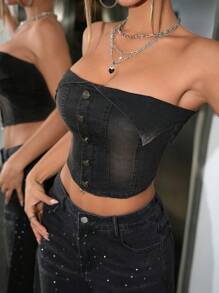 SHEIN ICON Fashion Wanita Retro Washed Front Button Camisole Denim Vintage Washed Y2K Going Out Off Shoulder Tube Top Black - Hitam - View 3
