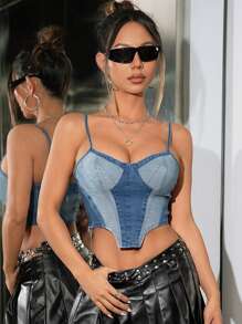 SHEIN ICON Women Spaghetti Strap Solid Color Patchwork Casual Slim Fitting Denim Y2k Going Out Crop Top - Medium Wash - View 4