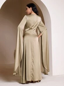 Veilorie Đầm Ả Rập thanh lịch cổ tròn tay áo màu trơn cho nữ khiêm tốn - Màu Khaki - Xem 3