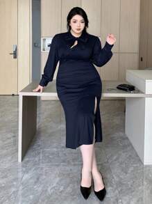 Dazy Plus Vestido elegante de talla grande, suelto, con cuello de corbata, de ajuste ceñido, con abertura lateral hasta la pantorrilla, vestido largo de manga larga para primavera/verano/otoño - Azul Marino - Ver 8