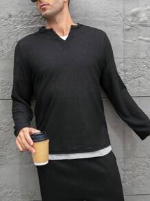 SHEIN Manfinity Dauomo Men's Solid Color Simple Fashion Casual Black Long Sleeve T-Shirt, Everyday Wear