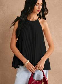 Poéselle Solid Pleated Halter Top - Black - View 3