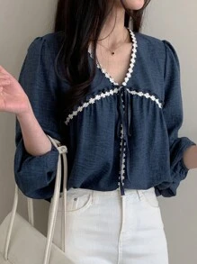 DAZY Women's Color Block Lace Trim Loose Long Sleeve Drawstring V-Neck Vacation Blouse Top,Fall Clothes - Blue - View 5