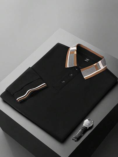 Manfinity Roghcode Men's Contrast Color Stripe Print Button Casual Versatile Polo Shirt