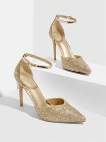 CUCCOO SZL Women's Fashionable Gold Full Rhinestone Ankle Strap Pointed Toe Stiletto High Heel Shoes, Suitable For Dating, Gathering, Holidays, Party Spring Shoes Spring Break Easter For Christmas Spring Shoes - Gold - View 5