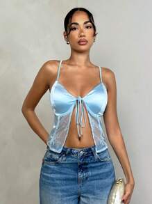 Glamine Top de tirantes de unicolor para mujer con encaje en empalme, cárdigan con cordones, top sexy de verano con escote - Azul - Ver 3