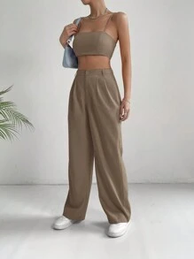 SHEIN EZwear 通勤风格粉色纯色短款吊带上衣和阔腿裤 - 摩卡棕 - 查看 6