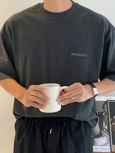 DAZY 男士灰色字母印花圆领短袖休闲T恤，夏季，返校服