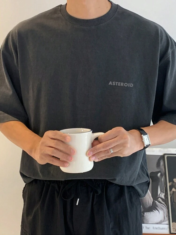 Men's Gray Letter Print Round Neck Short Sleeve Casual T-Shirt, Summer,Back To School Clothes