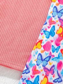 SHEIN 2pcs/Set Girls Casual Butterfly Print Round Neck Double Layer Ruffle Sleeve Knit Dress