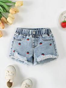 女婴可爱樱桃刺绣破洞牛仔短裤