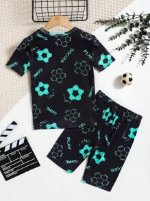 SHEIN Tween Boy 霓虹足球图案圆领短袖 T 恤和短裤 2 件套舒适家居服和睡衣套装 - 黑色 - 查看 2