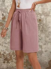 Faunlyn Solid Color Elastic Waist Slant Pocket Shorts Women's Summer Shorts Cotton Comfy Shorts - Baby Pink - View 3