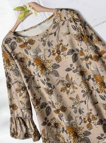 Rusticease 女士花卉印花圆领喇叭袖宽松衬衫，度假装 - 彩色 - 查看 4