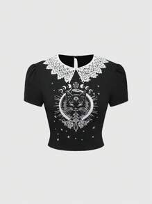 ROMWE Goth Gothic Dark Mystery Cat Embroidery Splice Lace Collar Bodycon T-Shirt