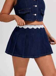 SHEIN ICON Große Größen Damen Sexy & erfrischender Kontrast Spitze minimalistischer Denimrock - Blau - Übersicht 3