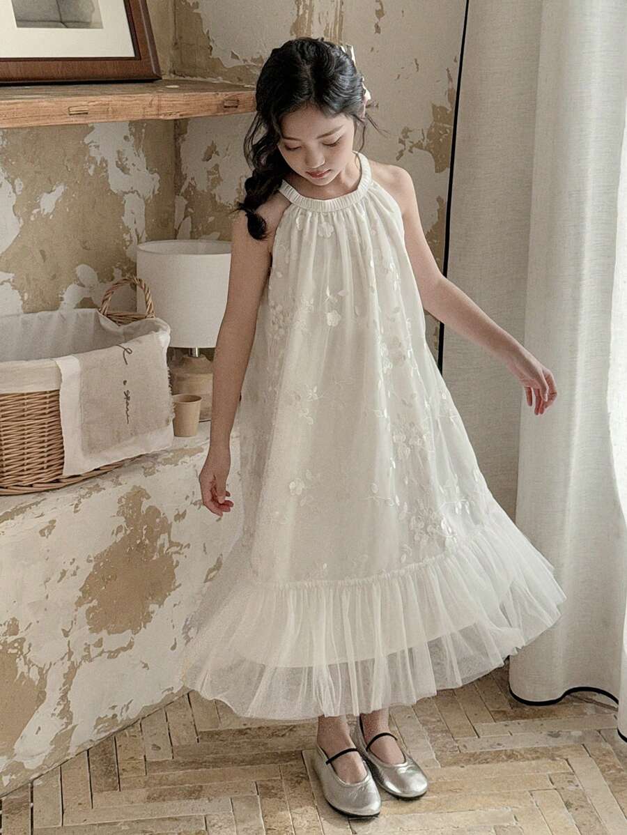 DAZY 女童无袖花卉网眼蓬蓬公主裙,夏季 - 白色 - 查看 1