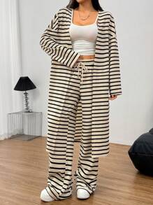 Flirla Basic Long Striped Thin Jacket, Casual Home Daily Wear Long Sleeve Robe - Multicolor - View 4