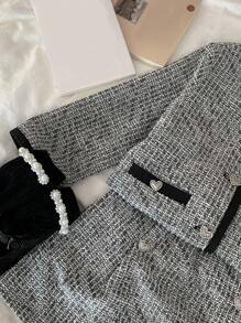 DAZY 2 Pieces Set: Young Girl Single-Breasted Woven Long Sleeve Jacket + Mini Skirt, Spring/Summer Fall,Winter - Black and White - View 6