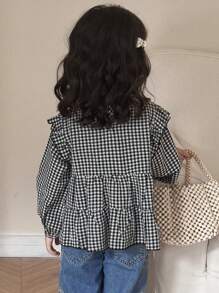 DAZY 女童圆领格子长袖梭织衬衫（儿童尺码） - 黑與白 - 查看 5