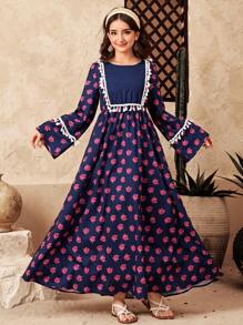 SHEIN Teen Girls Navy Blue Rose Woven Print Patchwork, Flared Sleeves, Tassel Belt Casual Dress, Ramadan, National Day, Eid Al-Fitr, Eid Al-Adha - Royal Blue - View 8