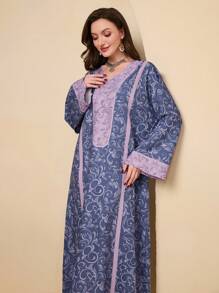 Al Najma 2025 年春季新款印花花卉长袖宽松宽下摆长款开衫 - 紫色 - 查看 1