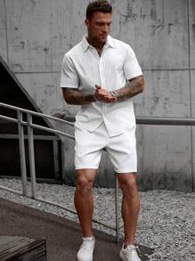 Manfinity CasualCool 男士纯色单排扣短袖衬衫短裤休闲套装 - 白色 - 查看 6