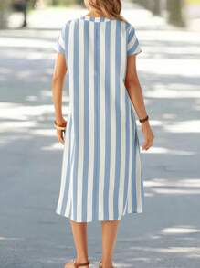 EMERY ROSE Vestido de verano de mujer con escote en V con muesca, estampado floral a rayas, de manga corta
