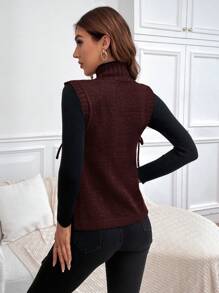 SHEIN LUNE Casual Solid Color Stand Collar Side Split Long Cardigan Vest, Autumn/Winter - Burgundy - View 2