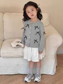 Dazy Kids Girls Round Neck Long Sleeve Knitted Tee With Bow Decor, Spring Young Girl Clothes