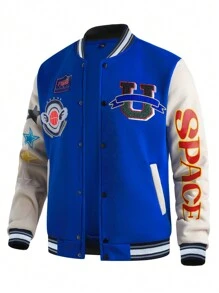 Manfinity EMRG Men's Contrast Color Letter Graphic Long Sleeve Casual Baseball Jacket, Autumn/Winter - Blue - View 3