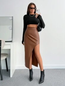 EURMUSE Fusta minimalistă cu crestătură pentru femei, ținută ocazională de zi cu zi - Maro ciocolata - Vizualizare 5