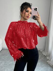 Elenzga 女式长袖闪亮立领系带羽毛拼布撞色亮片衬衫 - 紅色 - 查看 5