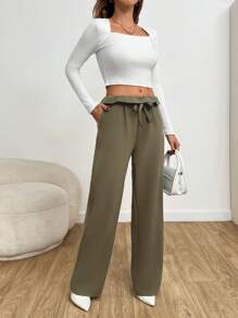 EURMUSE Women's Khaki Green Mid Rise Knotted Pants - Green - View 7