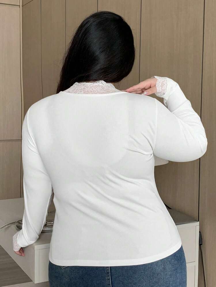 Dazy Plus Lace Patchwork V-Neck Slim Fit White Long Sleeve T-Shirt, Spring/Summer/Autumn,Fall Women Clothes