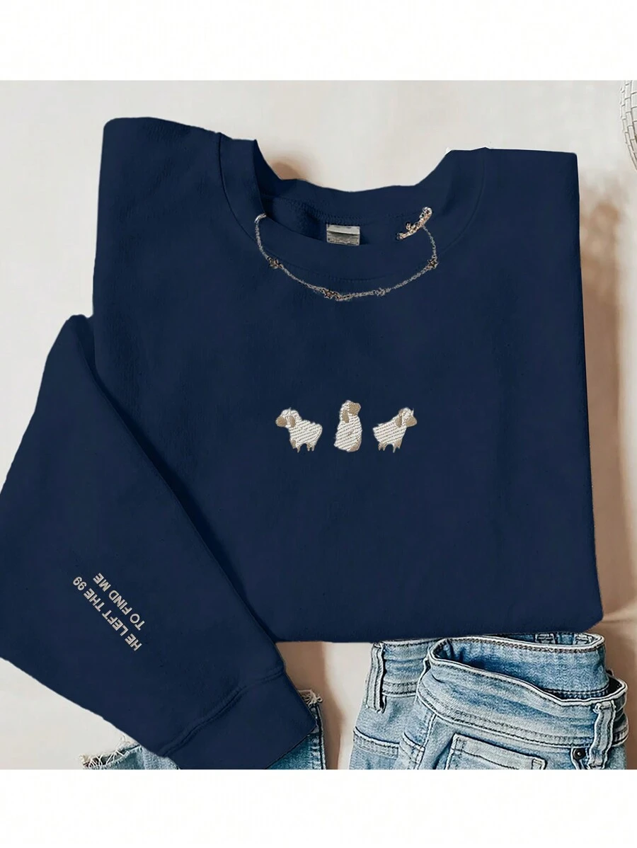 INAWLY Bestickter Rundhals-Sweatshirt mit verlorenem Schaf, für Abschluss, Schulanfang, Abschluss, Lehrer für Frauen, Pullover für Schulanfang im Herbst - marineblau - Übersicht 1