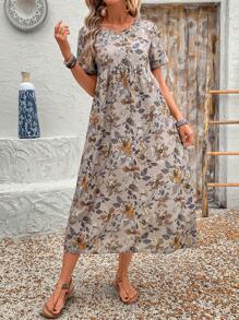 EMERY ROSE 女士花卉印花休闲圆领短袖连衣裙，适合假期穿着 - 彩色 - 查看 4