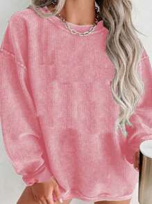 INAWLY Plus Size Casual Solid Color Dropped Shoulder Loose Sweatshirt, Autumn, For Winter Graduation,Back To School,Teacher Pullover Fall - Pink - View 1