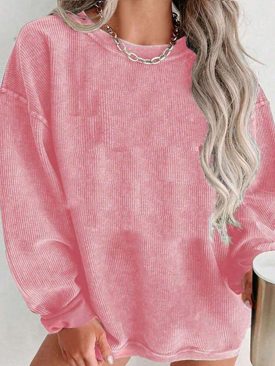INAWLY Plus Size Casual Solid Color Dropped Shoulder Loose Sweatshirt, Autumn, For Winter Graduation,Back To School,Teacher Pullover Fall - Pink - View 1