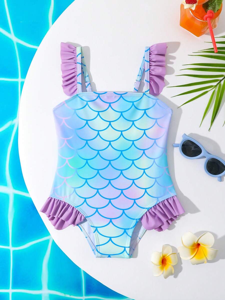 Young Girl Random Print Flyaway One-Piece Swimsuit - Multicolor - View 1