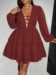 Viva Relle Plus Size Elegant Sexy Solid Deep V-Neck Criss-Cross Backless Dress