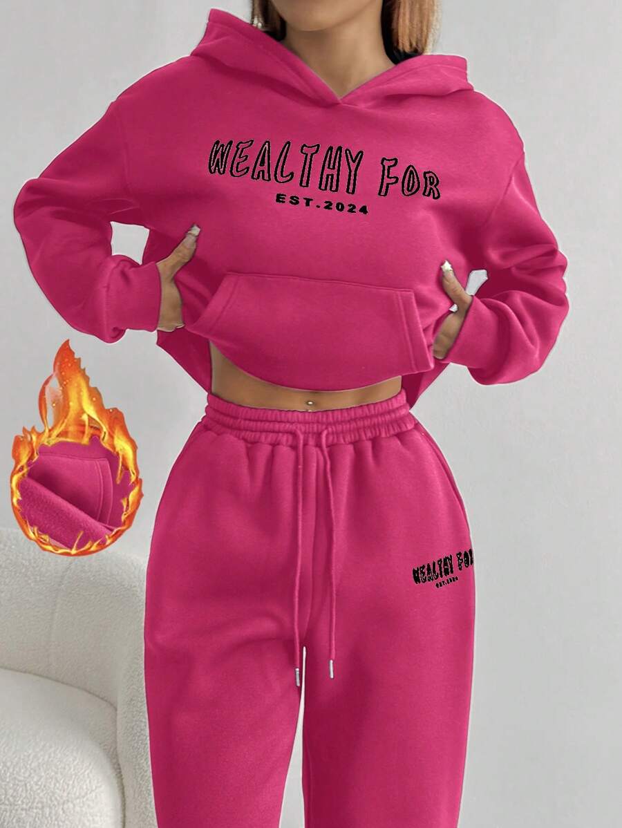 SHEIN Unity 女士字母印花口袋连帽卫衣，休闲日常穿着，适合毕业季、返校季、教师节等场合，秋季返校套头卫衣 - 玫紅色 - 查看 1