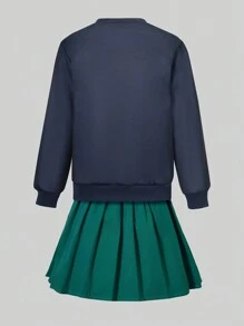 Conjunto de 2 peças para meninas pré-adolescentes: moletom de manga comprida com gola redonda e estampa de letras e girassóis e saia plissada verde. - Preto - Ver 2