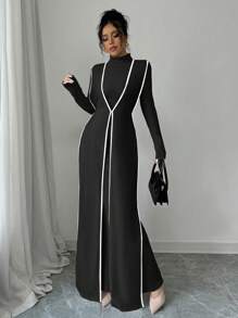 Elenzga 2pcs Set Knitted Ribbed Turtleneck Color Block Dress For Women Fall Cloth For Women - Black - View 6