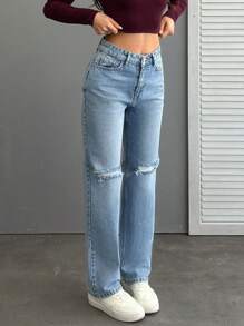 EURMUSE HIGH RISE STRAIGHT EMBROIDERY DETAILED JEAN - Light Wash - View 4