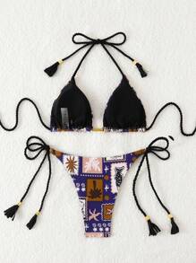 Sommer Damen einfaches, sexy Ozean-Muster Seil mit Quasten umkehrbares Bikini 2 Teiliges Badeanzug Set, Strand & Urlaub - Verschiedenfarbig - Übersicht 4