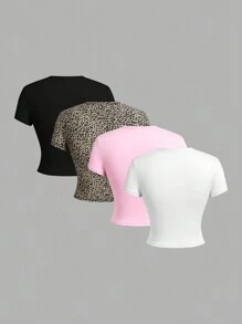 Girlism Teen Girl 1 Get 3Free 4pcs/Set ,Casual Round Neck Short Sleeve Leopard Print Tight T-Shirt, Summer - Multicolor - View 2