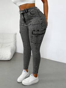 Slaydiva Quần Jeans Cargo Co Giãn Nhẹ, Mỏng, Thường Ngày, Size Lớn, Có Túi Xếp Ly - màu đen - Xem 6