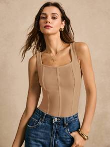 Poéselle Solid Square Neck Wide Strap Top - Camel - View 4